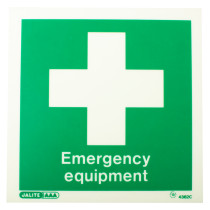 front view of emergency equipment location sign rigid plastic with white cross on green background and text emergency equipment