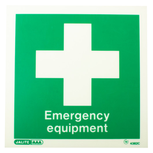 front view of emergency equipment location sign rigid plastic with white cross on green background and text emergency equipment