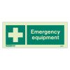 Front view of an emergency equipment location sign with a white cross and text on a green background
