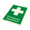 Image of the Js4362Dr Jalite Photoluminescent Emergency Equipment Location Sign Angled showing a green background with a white cross and text emergency equipment
