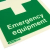Closeup of Js4362Dr Jalite Photoluminescent Emergency Equipment Location Sign showing green and white design with text Emergency equipment