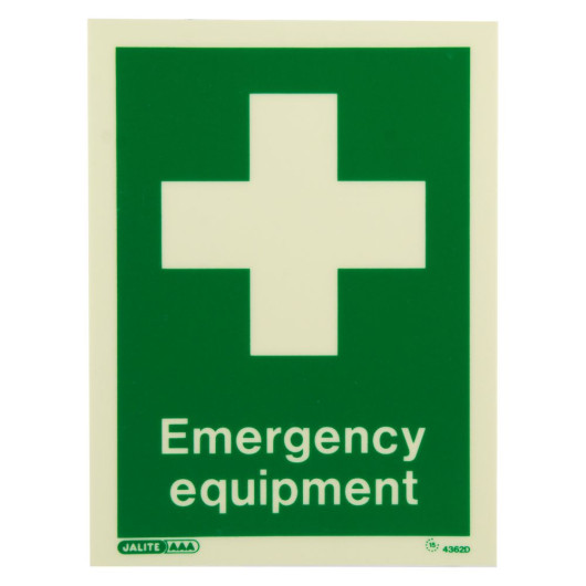 Js4362Dr Jalite Photoluminescent Emergency Equipment Location Sign showing a green background with a white cross and text Emergency equipment