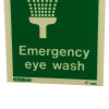 emergency eye wash sign portrait showing the bottom part with text and part of a shower graphic on a green background