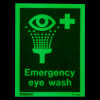 emergency eye wash sign portrait with text showing a glowing eye symbol with water drops and a medical cross above the text