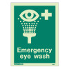 emergency eye wash sign with text showing an eye being rinsed with water and a medical cross symbol on a green background