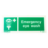Front view of an emergency eye wash sign showing a water spray and text emergency eye wash in white on green background