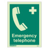 emergency telephone sign with text showing a phone handset icon and a medical cross on green background front view