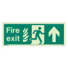 Front view of nhs fire exit sign up size j rp showing running man symbol fire flames and upward arrow on green background