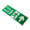 angled view of nhs fire exit sign rigid plastic up size k showing green and white exit symbol and arrow