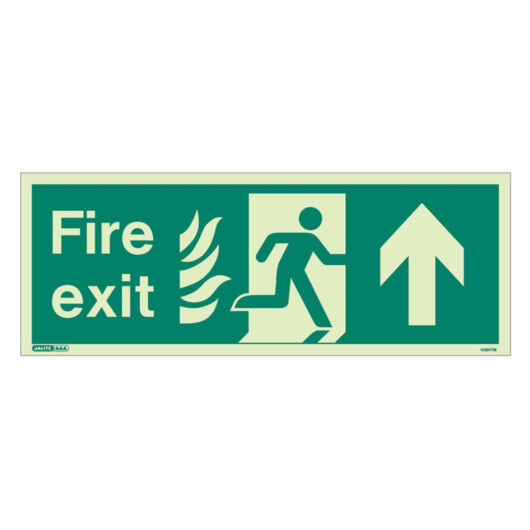 Front view of nhs fire exit sign up size k rp showing a running figure and an upward arrow on a green background