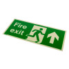 Angled view of fire exit sign rigid plastic up size j showing green background with white running figure and arrow pointing upwards