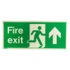 Front view of fire exit sign rigid plastic up size j showing green background with running figure and arrow pointing up