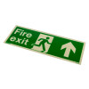 angled view of fire exit sign rigid plastic up size k showing green sign with white text and arrow
