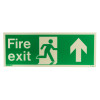 Front view of fire exit sign rigid plastic up size k showing running figure and arrow on green background