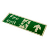 Angled view of fire exit sign rigid plastic up size t showing green background with white running figure and arrow pointing up