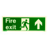 Front view of fire exit sign rigid plastic up size t showing green background with white running figure and arrow pointing up