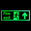fire exit sign rigid plastic up size t glowing green in dark with white text and arrow pointing up