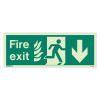 Front view of nhs fire exit sign left size j rp showing running figure leaving door with arrow pointing down