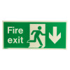 Fire exit sign rigid plastic down size j showing running figure and downward arrow on green background front view