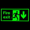 fire exit sign rigid plastic down size j showing a green running figure and downward arrow in dark background