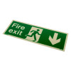 angled view of fire exit sign rigid plastic down size k showing running person and downward arrow on green background