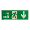 Front view of fire exit sign rigid plastic down size k showing running figure and downward arrow on green background