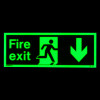 Glowing fire exit sign rigid plastic down size K illuminated in dark with person running and downward arrow