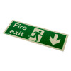 angled fire exit sign rigid plastic down size t showing green sign with white running figure and down arrow