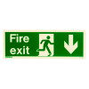Green fire exit sign rigid plastic down size t showing running person and downward arrow on white background