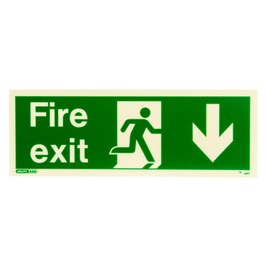 Green fire exit sign rigid plastic down size t showing running person and downward arrow on white background