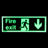 fire exit sign rigid plastic down size t showing glowing green fire exit text with running figure and down arrow in dark background