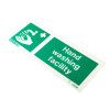 angled view of hand wash facility sign with text on rigid plastic showing hand under water tap and words hand washing facility