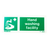 green hand wash facility sign with text on rigid plastic showing faucet pouring water on hand viewed from front