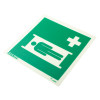 angled stretcher location sign made of rigid plastic showing a person lying on a stretcher with a medical cross symbol