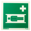 Front view of stretcher location sign rigid plastic showing a white stretcher and medical cross on green background