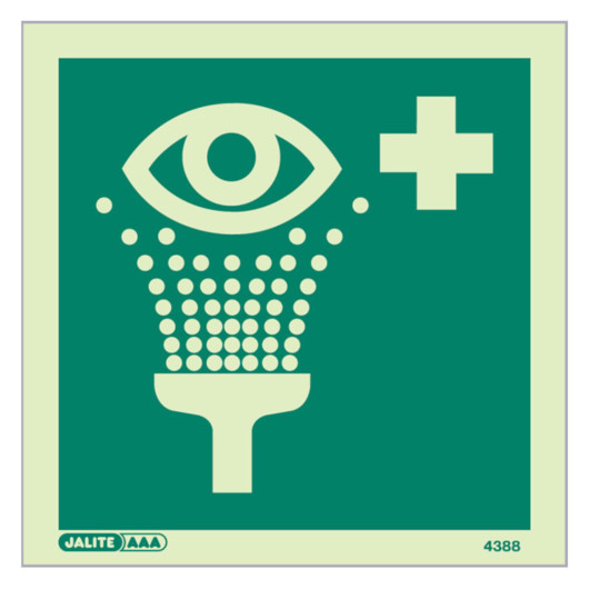 emergency eye wash sign no text showing a green square with an eye symbol above a shower and a medical cross on the right