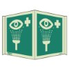 panoramic sign showing a symbol of an eye and a cross above a shower of drops representing emergency eye wash