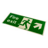 angled view of a fire exit sign rigid plastic up right size j showing white running figure and arrow on green background