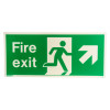 fire exit sign rigid plastic up right size j showing a green and white sign with running figure and arrow pointing diagonally right