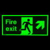 fire exit sign rigid plastic up right size j glowing green with running person and arrow in dark background