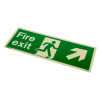 fire exit sign rigid plastic up right size k shown at an angled view with green background and white running man symbol and arrow