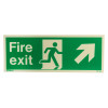 Front view of fire exit sign rigid plastic up right size k showing running figure and arrow on green background
