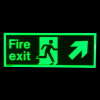 fire exit sign rigid plastic upright size k glowing in the dark with person running and arrow pointing top right