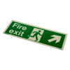 Fire exit sign rigid plastic shown angled with running man symbol and arrow pointing right and up