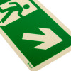 close up of fire exit sign rigid plastic up right size t showing green background with running figure and arrow