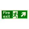 Front view of fire exit sign rigid plastic up right size t showing running figure and arrow on green background