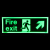 fire exit sign rigid plastic upright size t glowing green in dark with running figure and arrow pointing up right