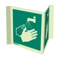 Front view of a panoramic wash your hands sign showing hands under running water from a tap