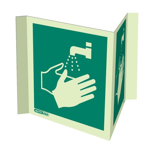 Front view of a panoramic wash your hands sign showing hands under running water from a tap