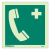 emergency telephone sign showing a pale telephone handset and medical cross on green background front view